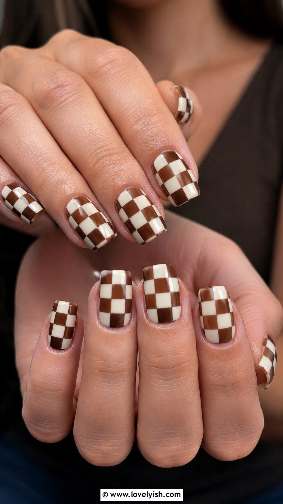 Cream and Brown Western Checkerboard Nails - 50 western nail designs - 50 western nail designs