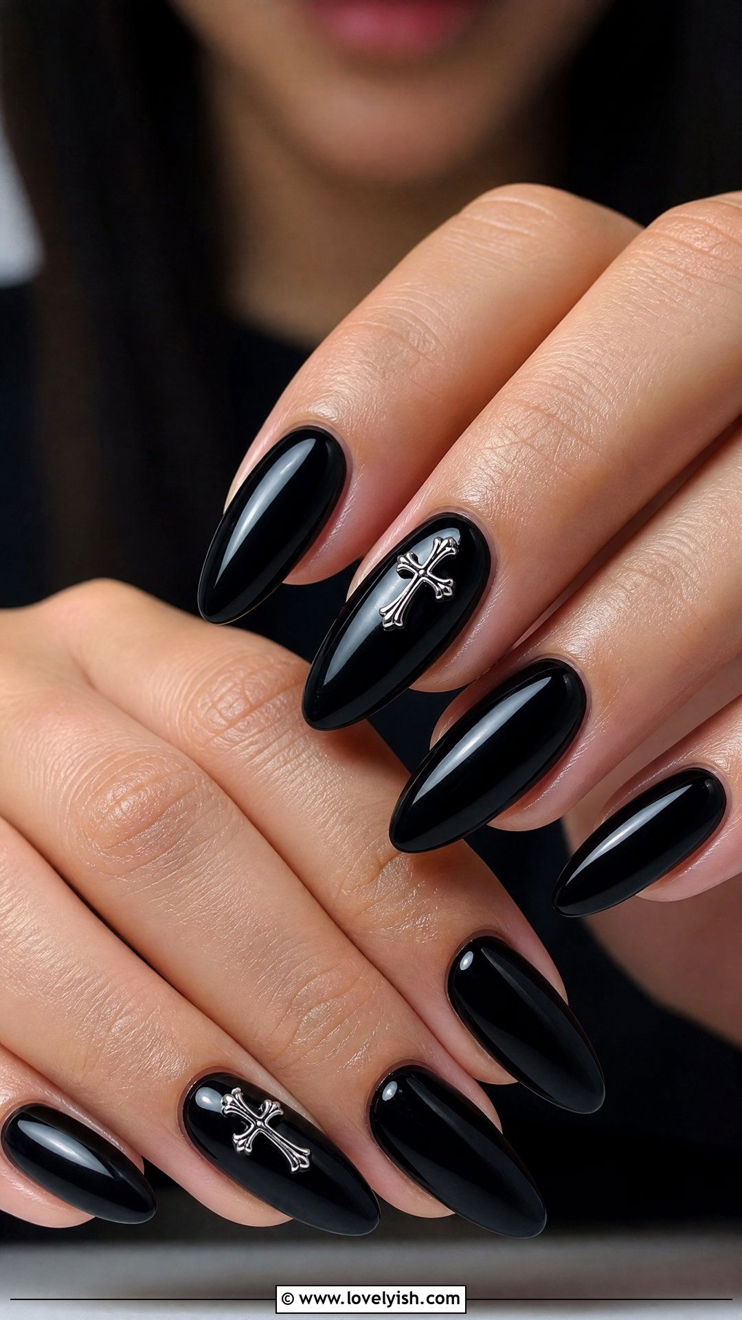 Cross Charm Black Nails - 50 edgy nails - 50 edgy nails