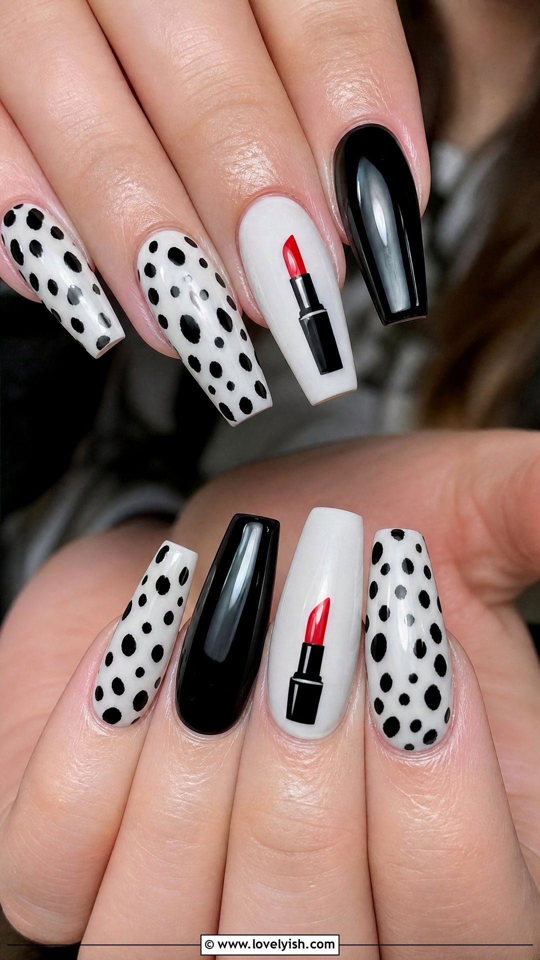 Cruella Black and White Spotted Nails - 50 disney nail designs - 50 disney nail designs
