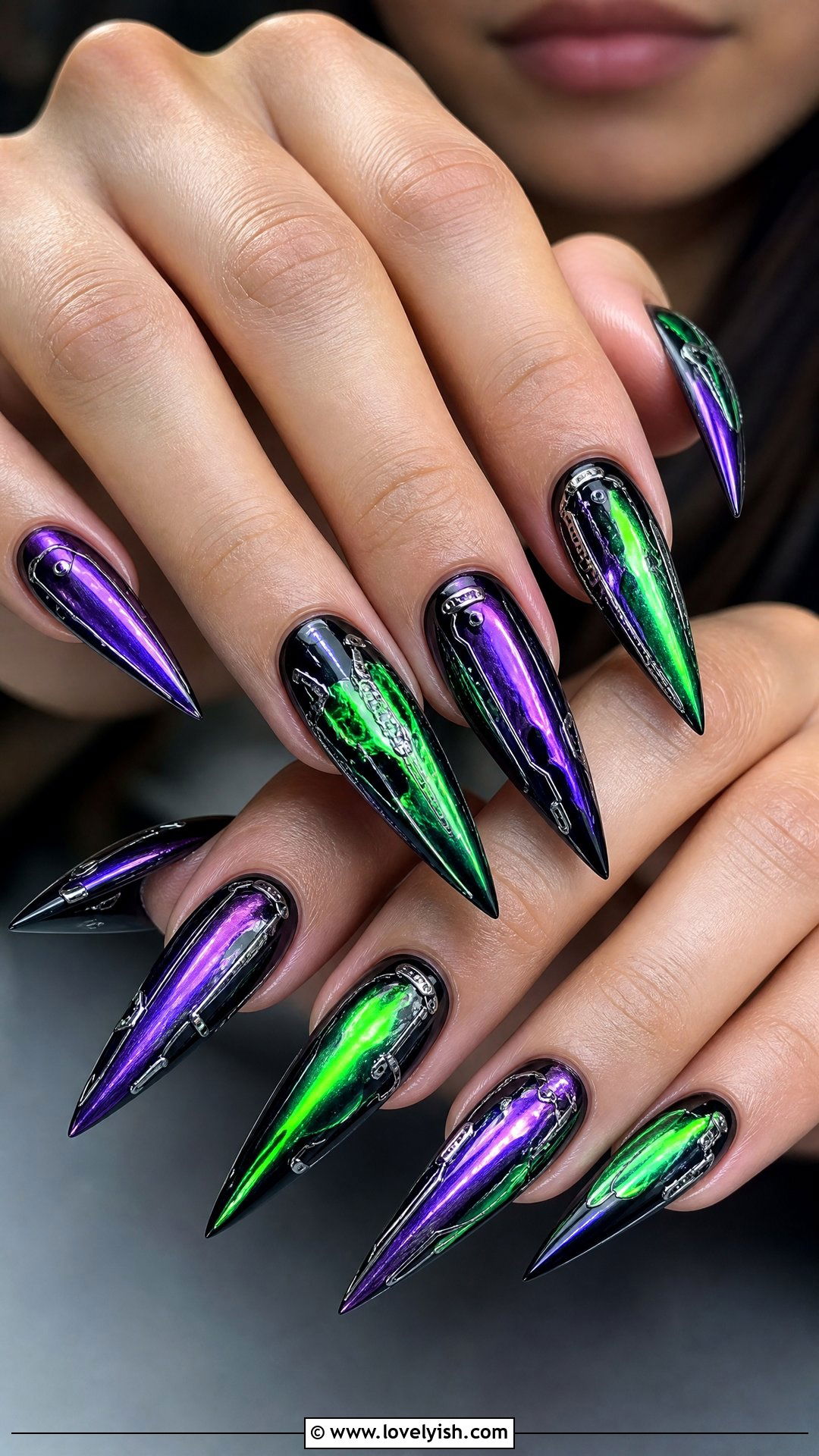 Cyberpunk Chrome Nails with Neon Accents - 25 y2k nail designs - 25 y2k nail designs