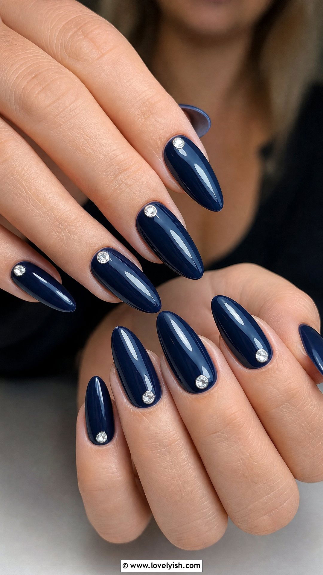 Dark Blue Almond Nails with Diamond Accent - 50 dark blue nail designs - 50 dark blue nail designs