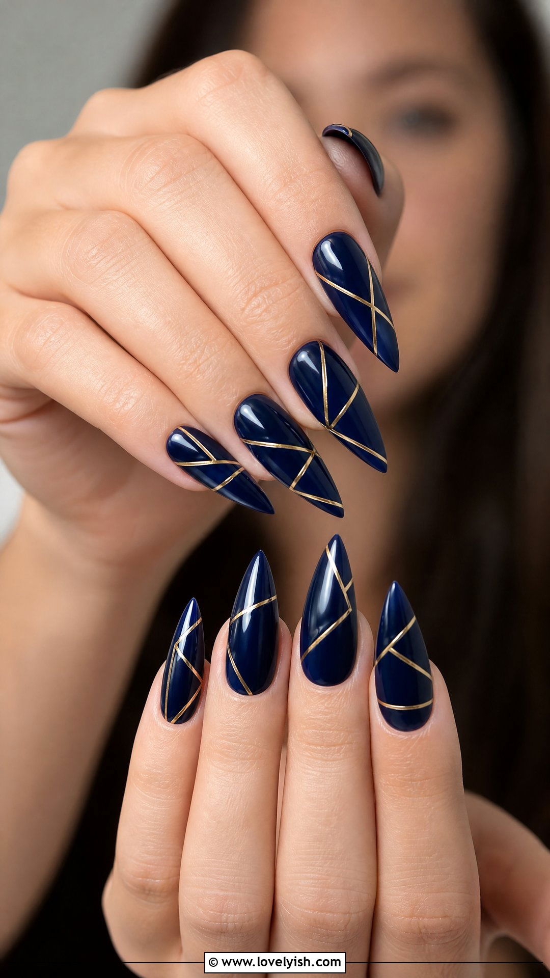 Dark Blue Stiletto Nails with Gold Lines - 50 dark blue nail designs - 50 dark blue nail designs
