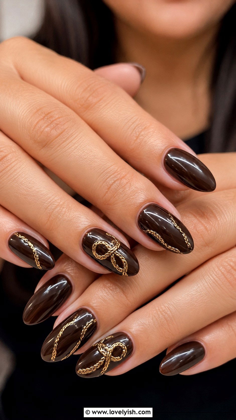 Dark Brown Nails with Gold Rope Detail - 50 western nail designs - 50 western nail designs