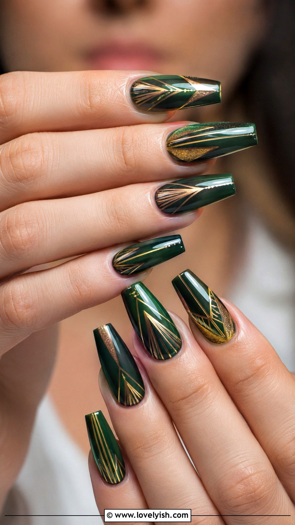 Dark Green and Gold Geometric Nails - 50 geometric nails - 50 geometric nails
