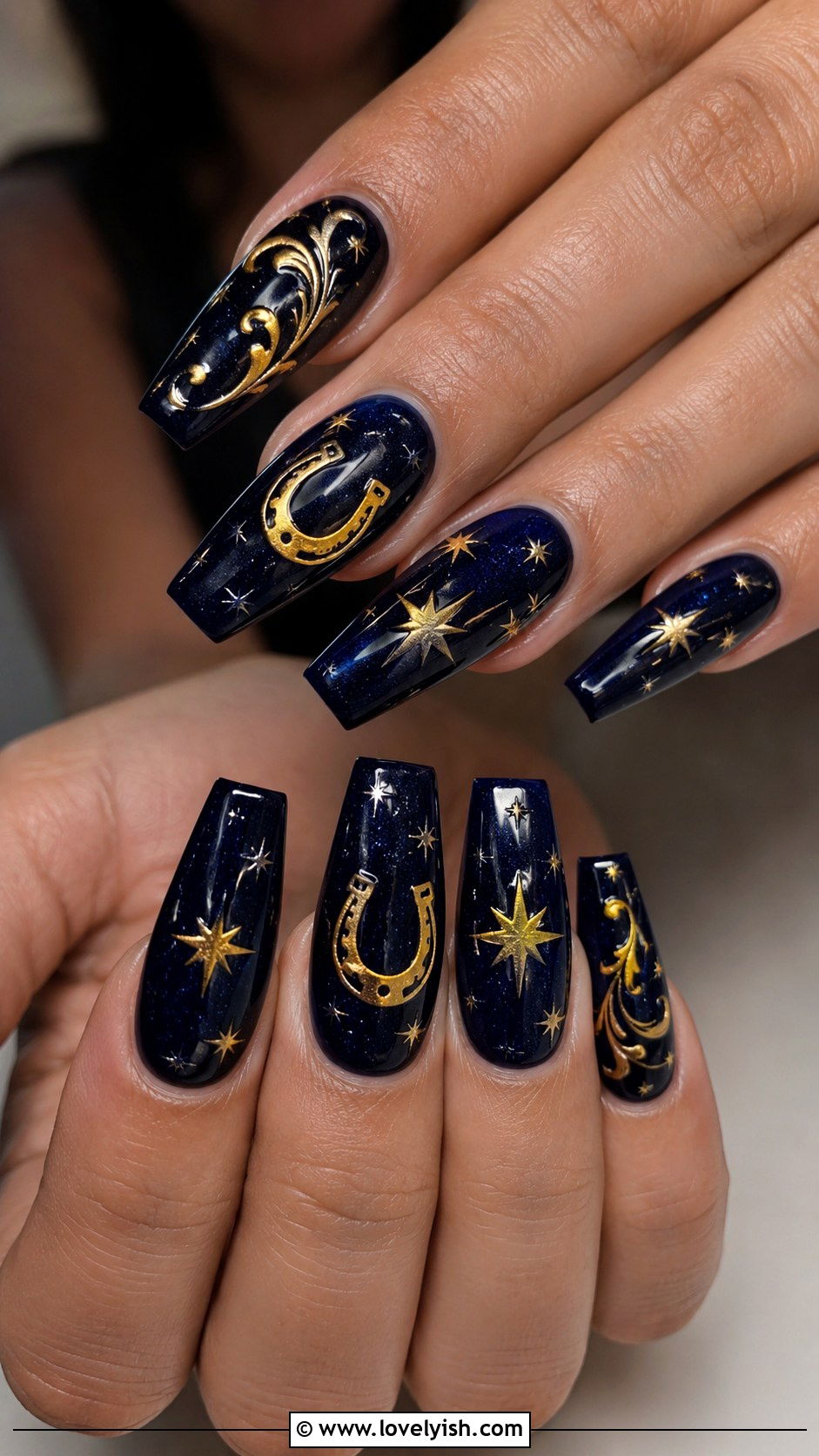 Dark Navy and Gold Cowgirl Nails - 50 western nail designs - 50 western nail designs