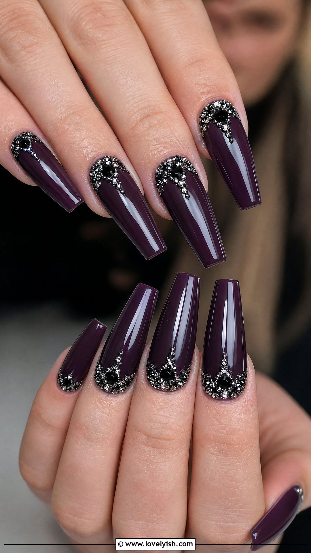 Dark Plum Coffin Nails with Rhinestones - 50 goth nails - 50 goth nails