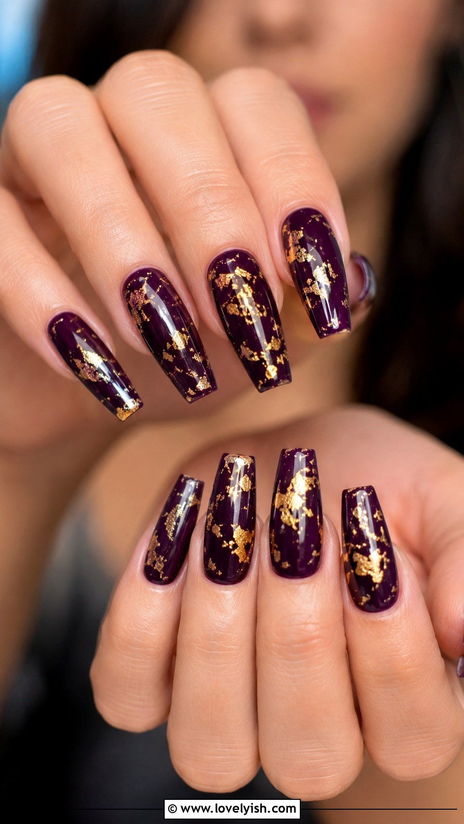 Dark Purple with Gold Foil Accents - 33 purple nail design ideas - 33 purple nail design ideas