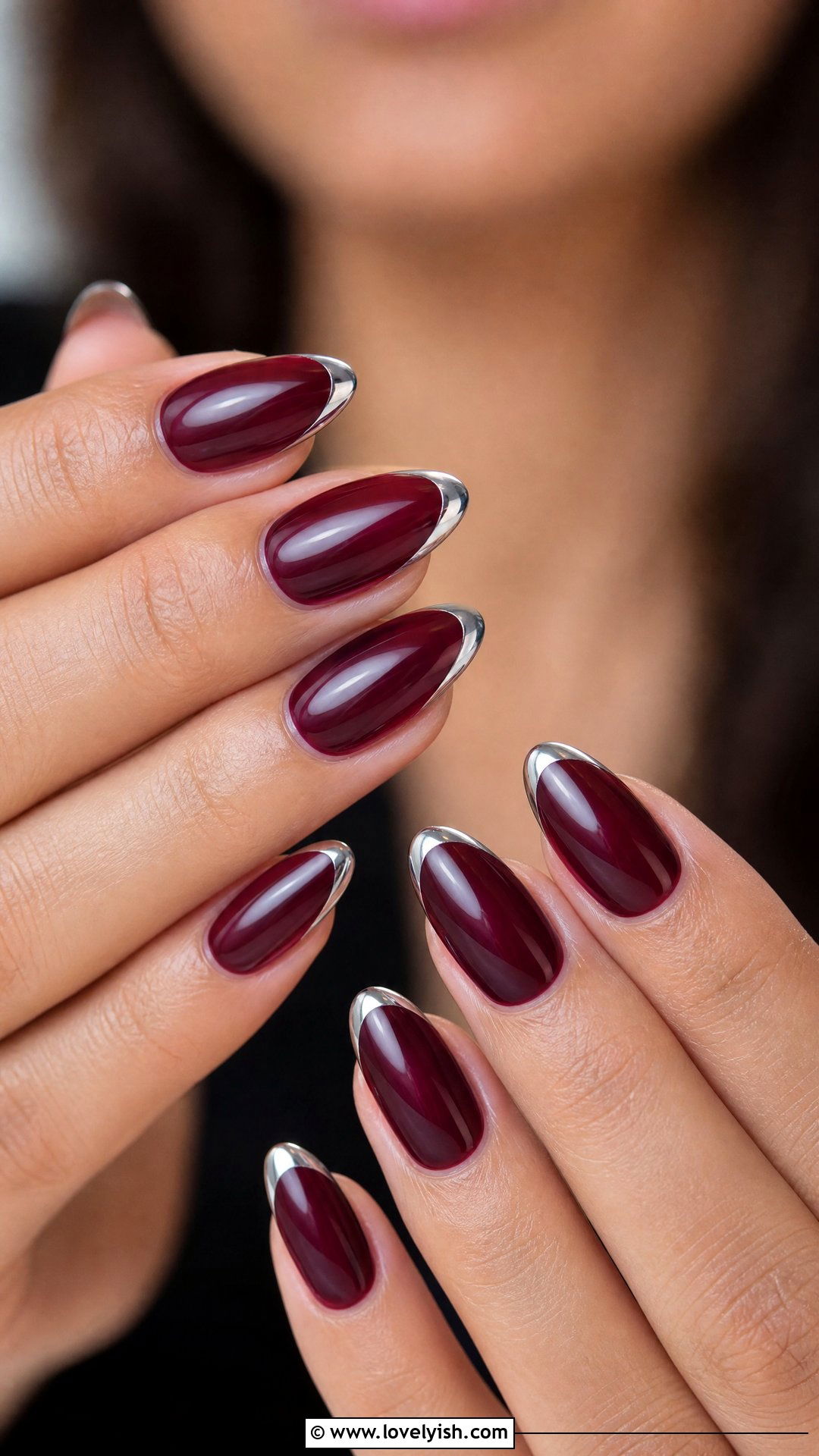 Dark Red Almond Chrome Tip Nails - 50 dark red nails - 50 dark red nails