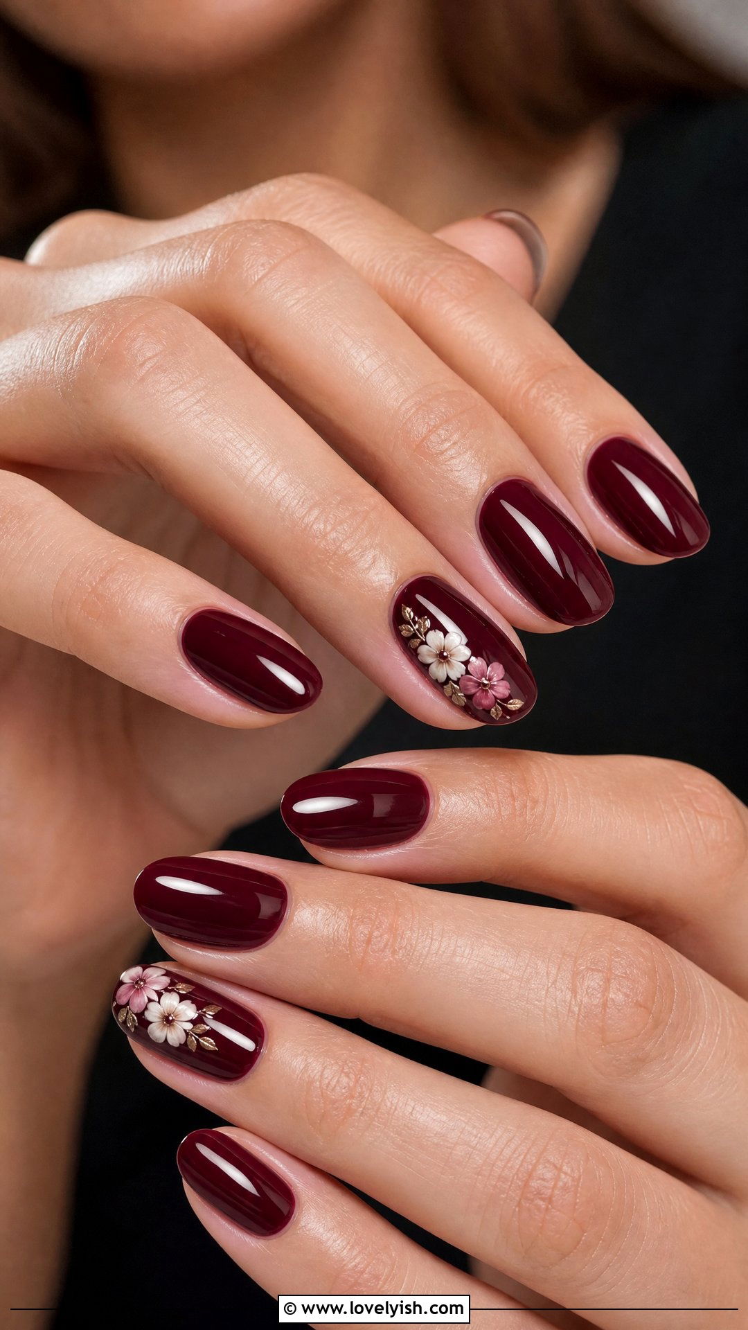 Dark Red Floral Accent Nails - 50 dark red nails - 50 dark red nails