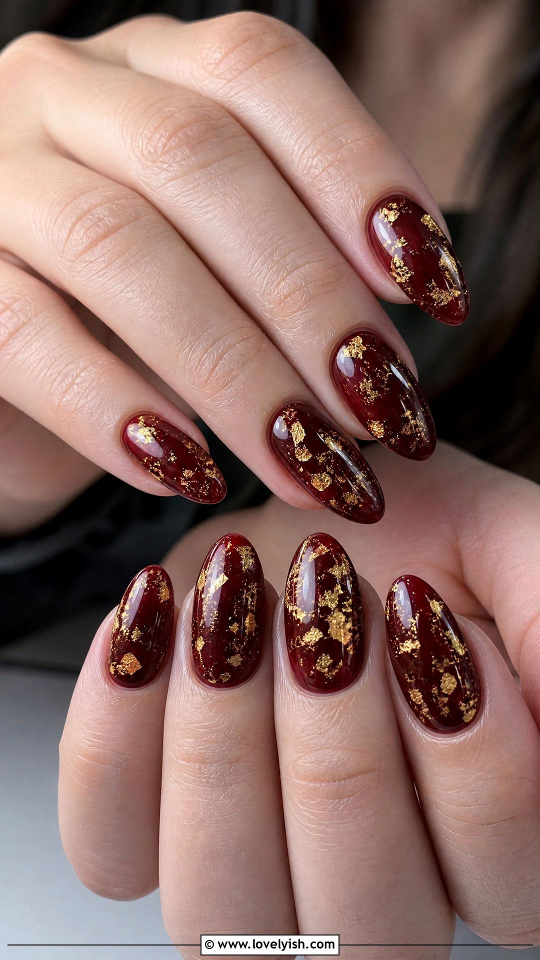 Dark Red Gold Foil Flake Nails - 50 dark red nails - 50 dark red nails