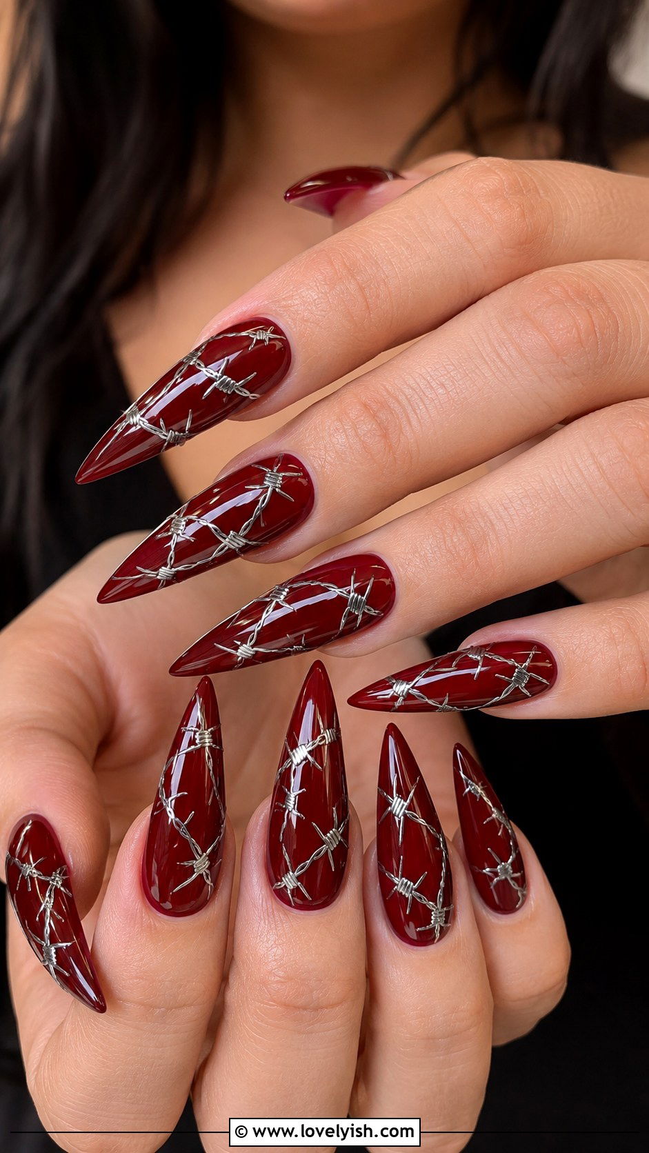 Dark Red Nails with Silver Barbed Wire - 50 western nail designs - 50 western nail designs