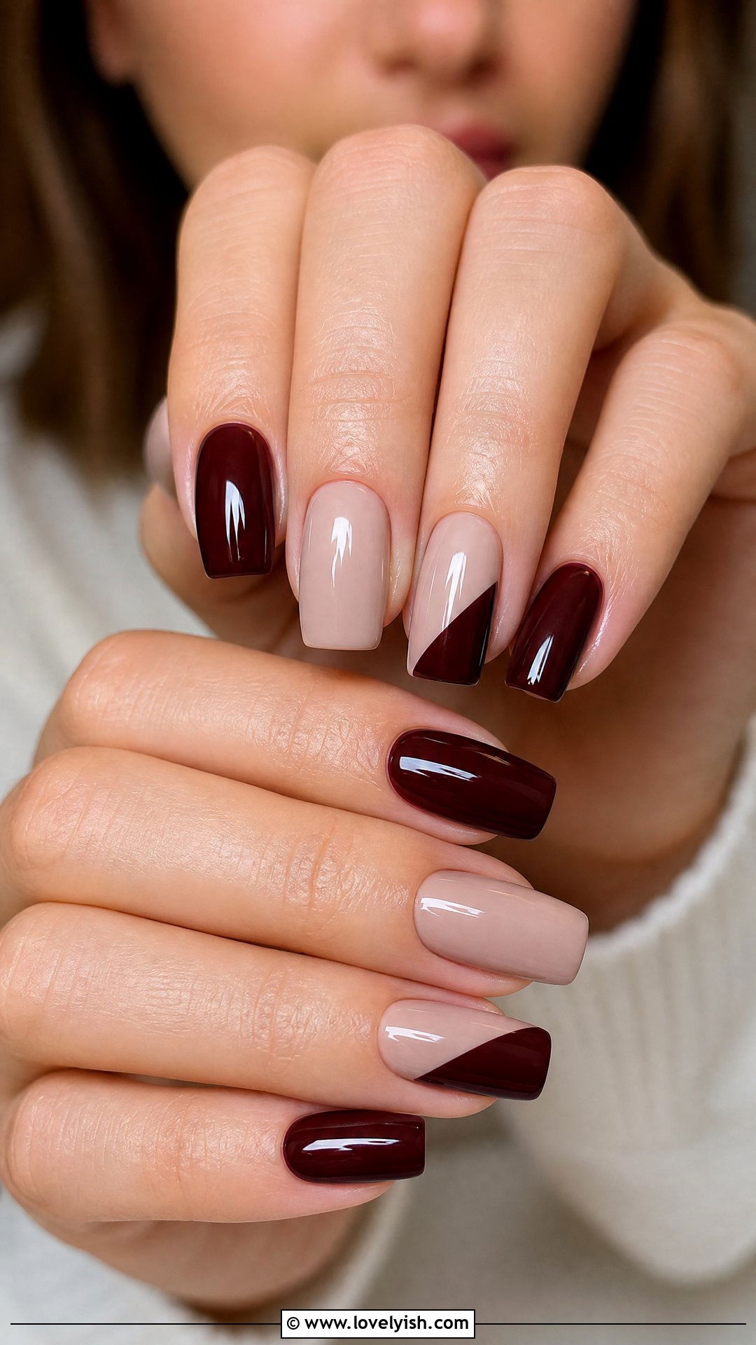 Dark Red and Nude Color Block Nails - 50 dark red nails - 50 dark red nails