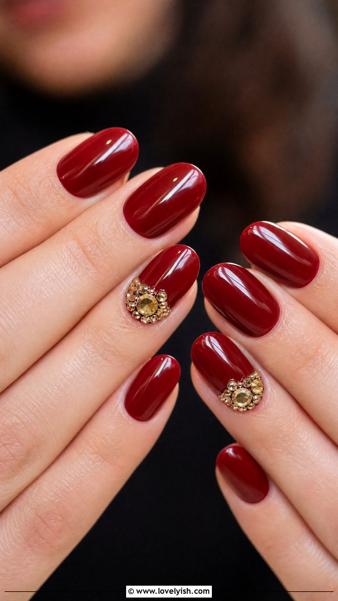 Deep Red With Gold Rhinestone Cluster - 50 red and gold nail design ideas - 50 red and gold nail design ideas
