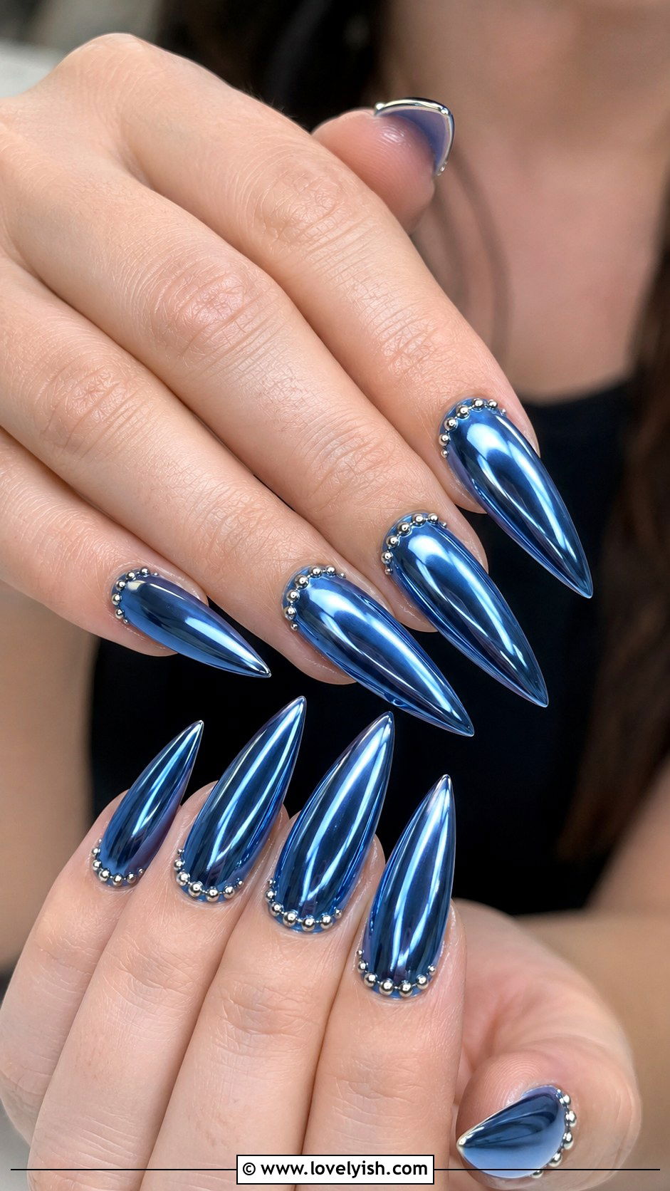Denim Blue Chrome Nails with Silver Studs - 50 western nail designs - 50 western nail designs