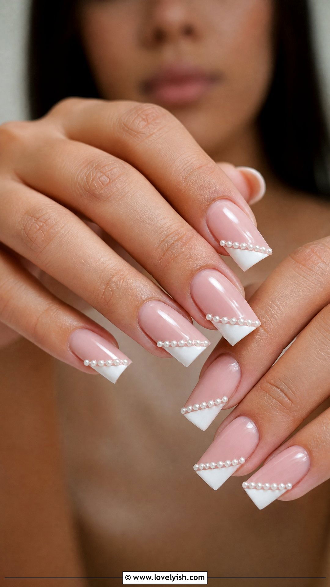 Diagonal Pearl French Tip Nails - 50 pearl nails - 50 pearl nails