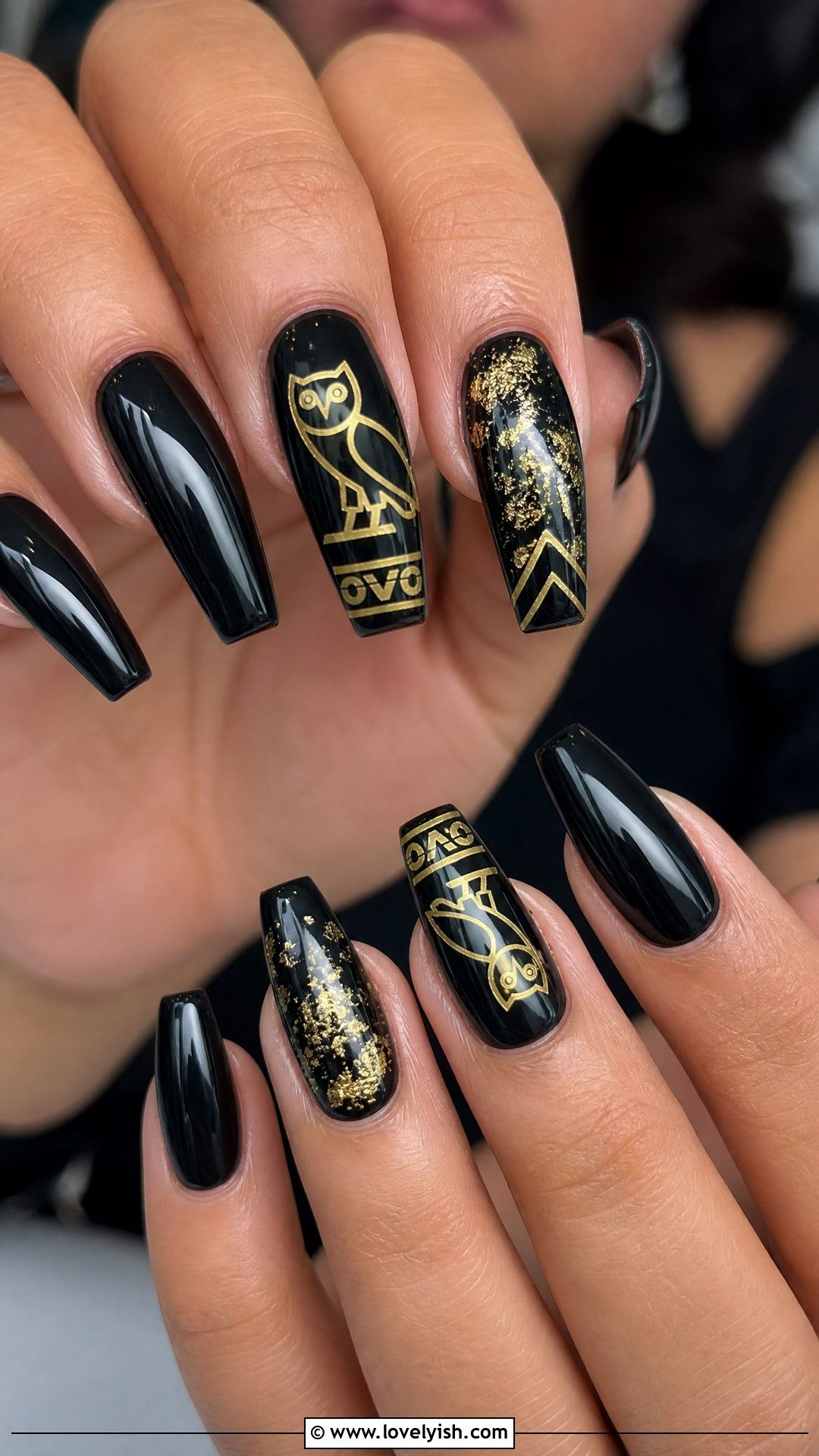 Drake OVO Owl Black Gold Nails - 50 concert nails - 50 concert nails