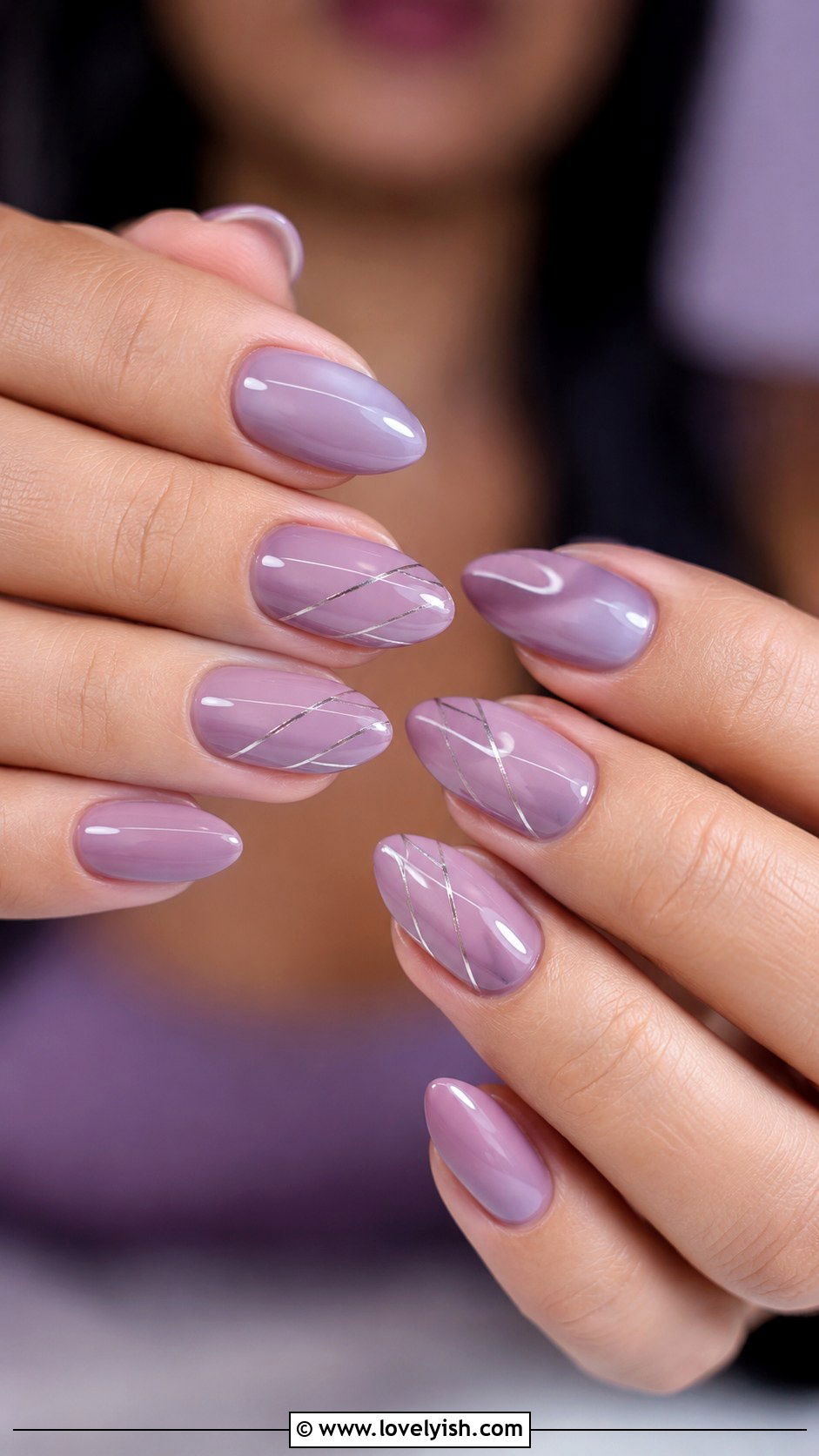Dusty Lilac with Fine Silver Chrome Lines - 50 unique nail designs - 50 unique nail designs