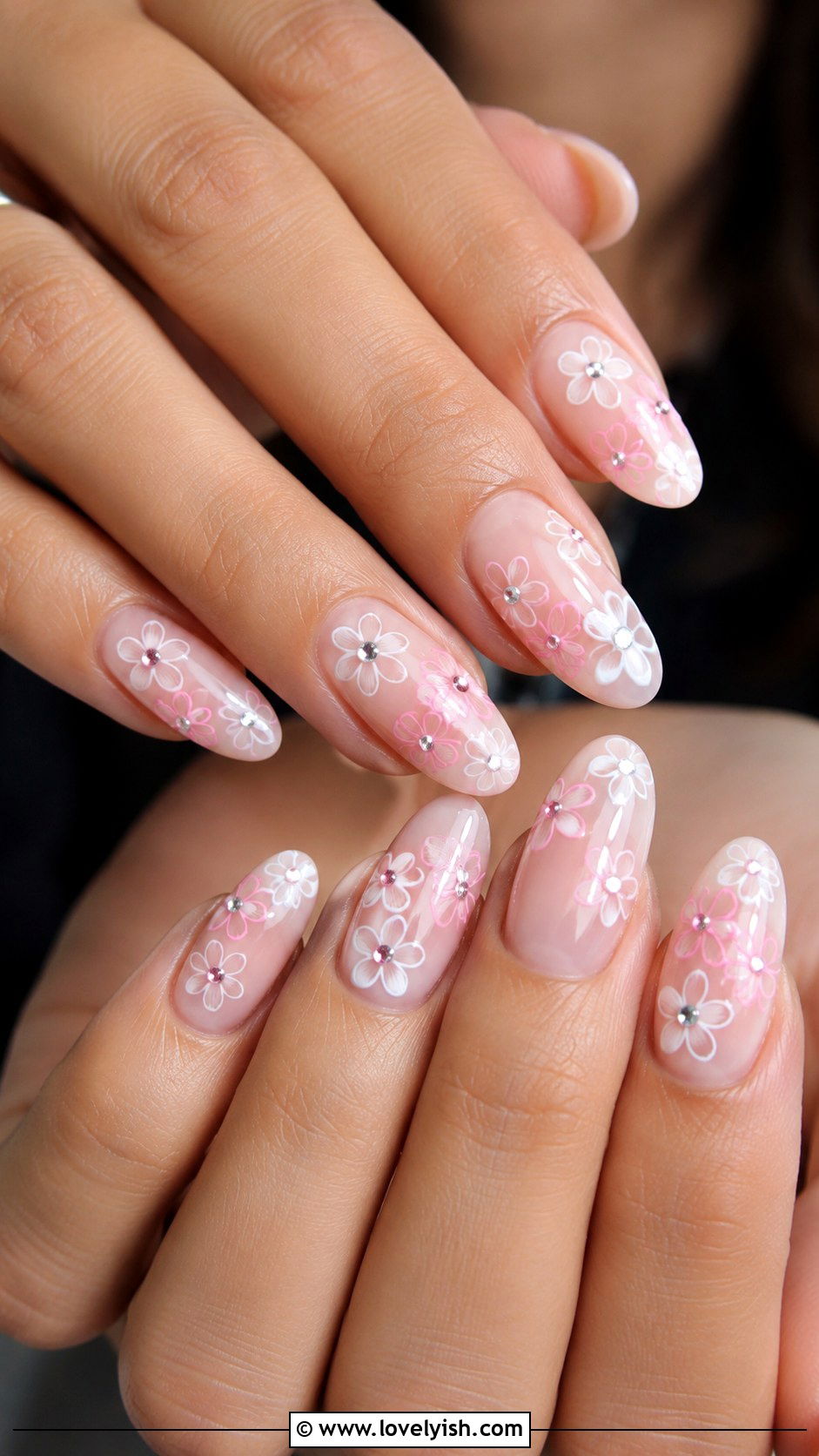 Easter Nails with Gem Studded Flowers - 38 easter nail art ideas - 38 easter nail art ideas