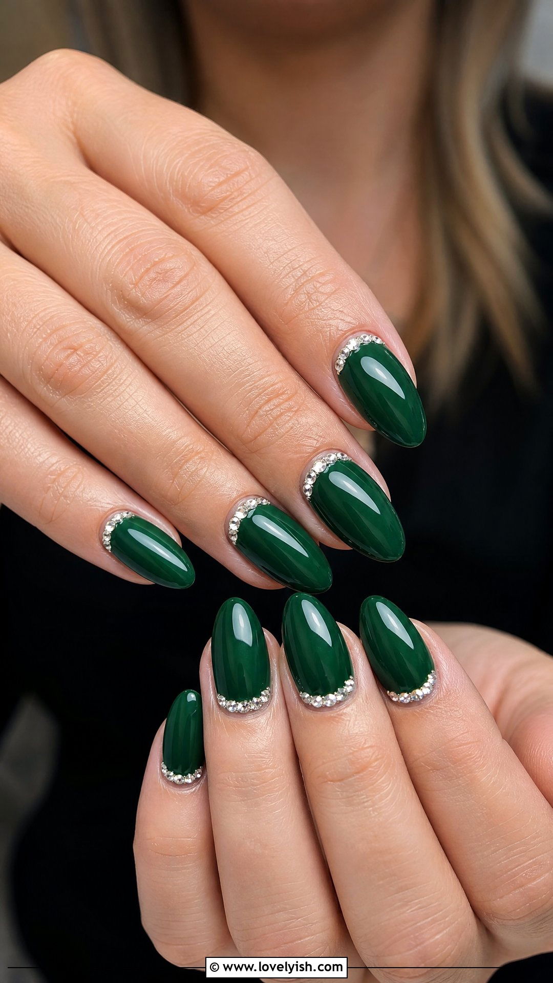Emerald Green Nails With Rhinestone Halfmoon - 29 nail designs with rhinestones - 29 nail designs with rhinestones