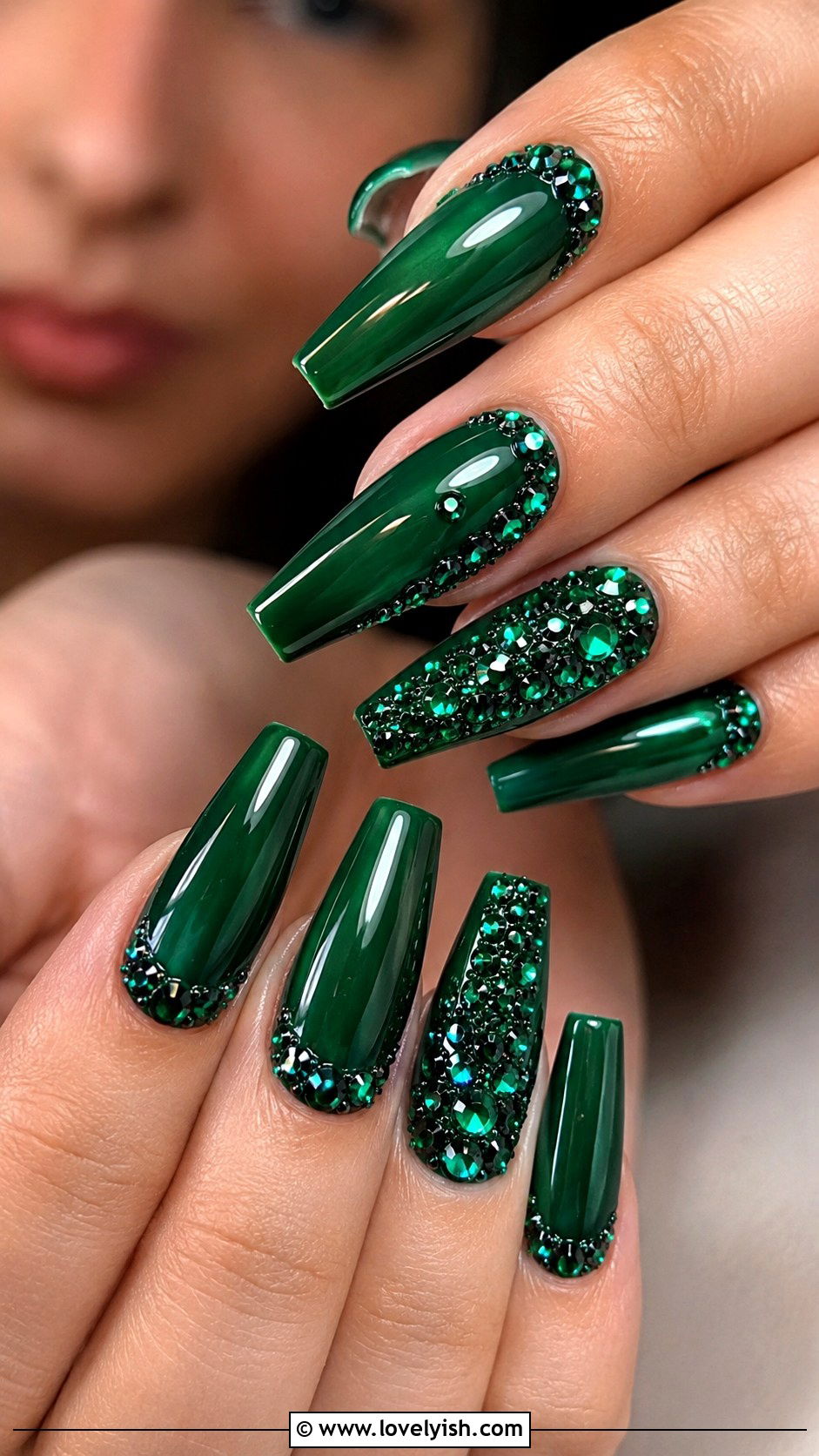 Emerald Green Rhinestone Nails - 50 green nails - 50 green nails