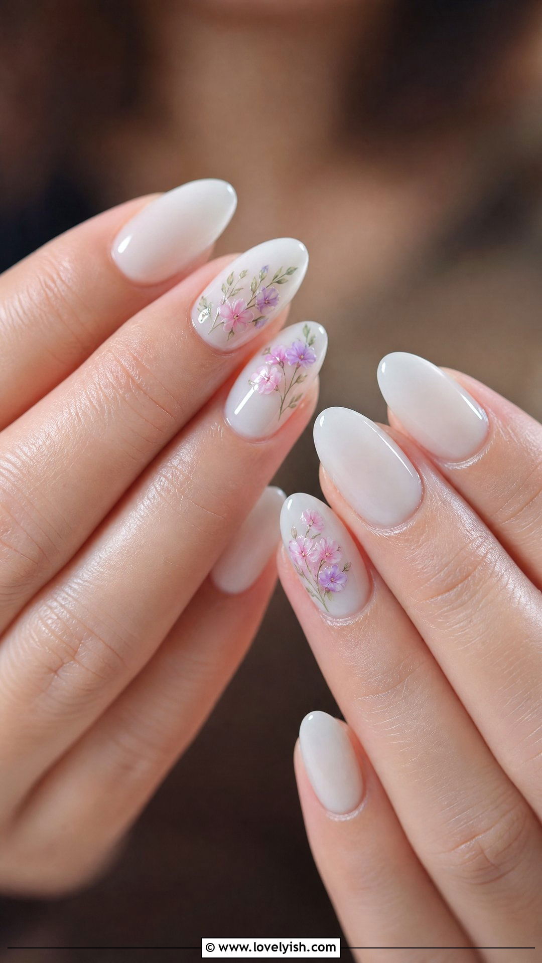 Floral Accent on Milky White Nails - 50 sophisticated nails - 50 sophisticated nails