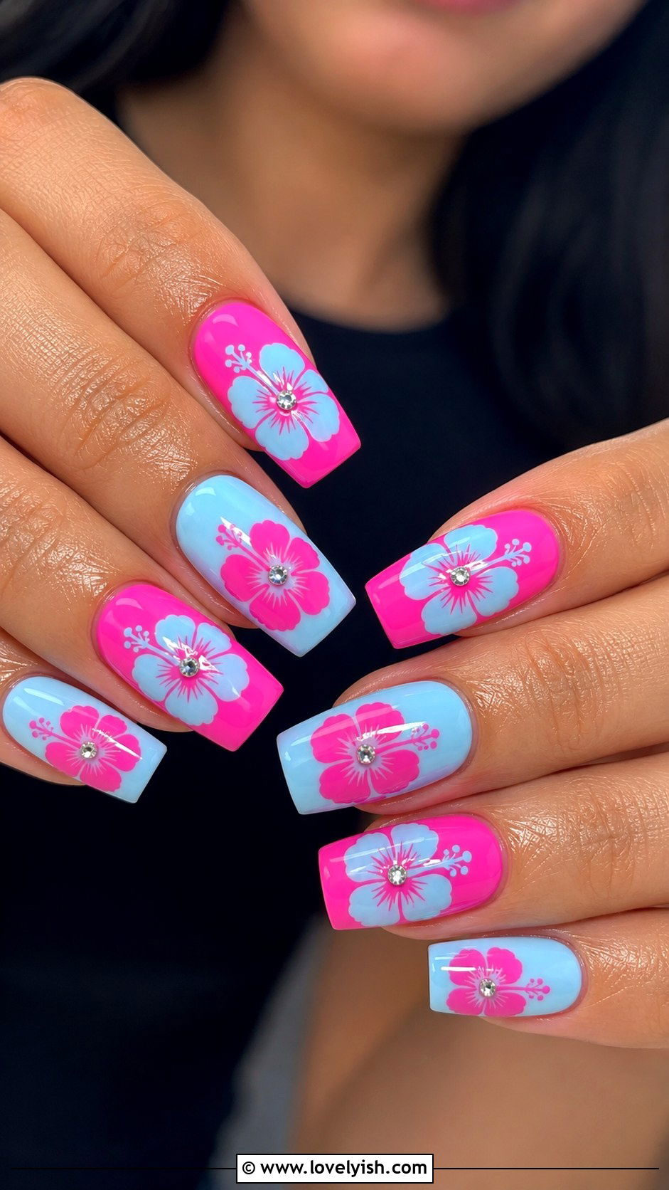 Floral Y2K Nails with Hibiscus Prints - 50 tumblr nail designs - 50 tumblr nail designs