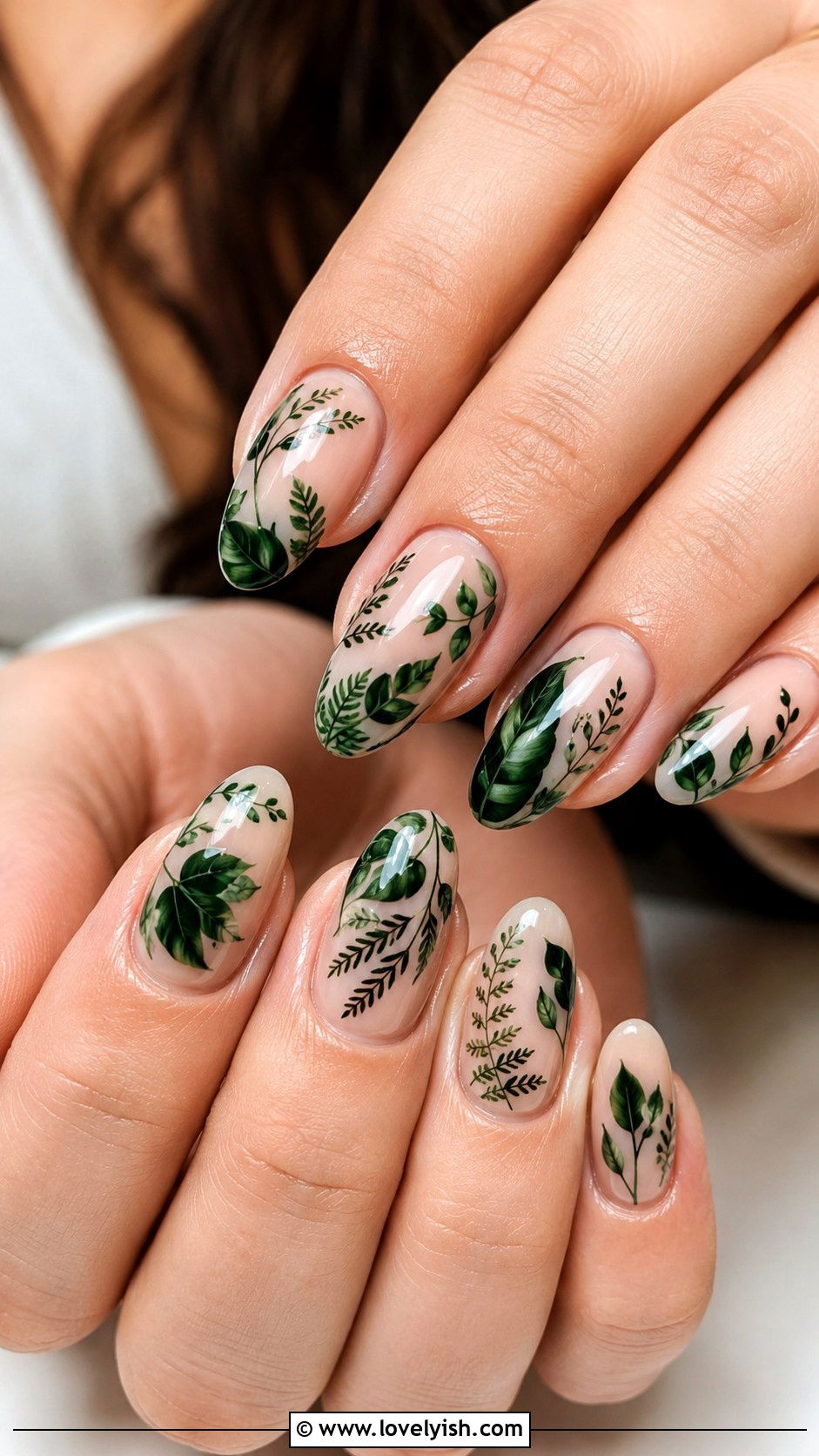 Forest Green Botanical Leaf Nails - 25 green nail design ideas - 25 green nail design ideas
