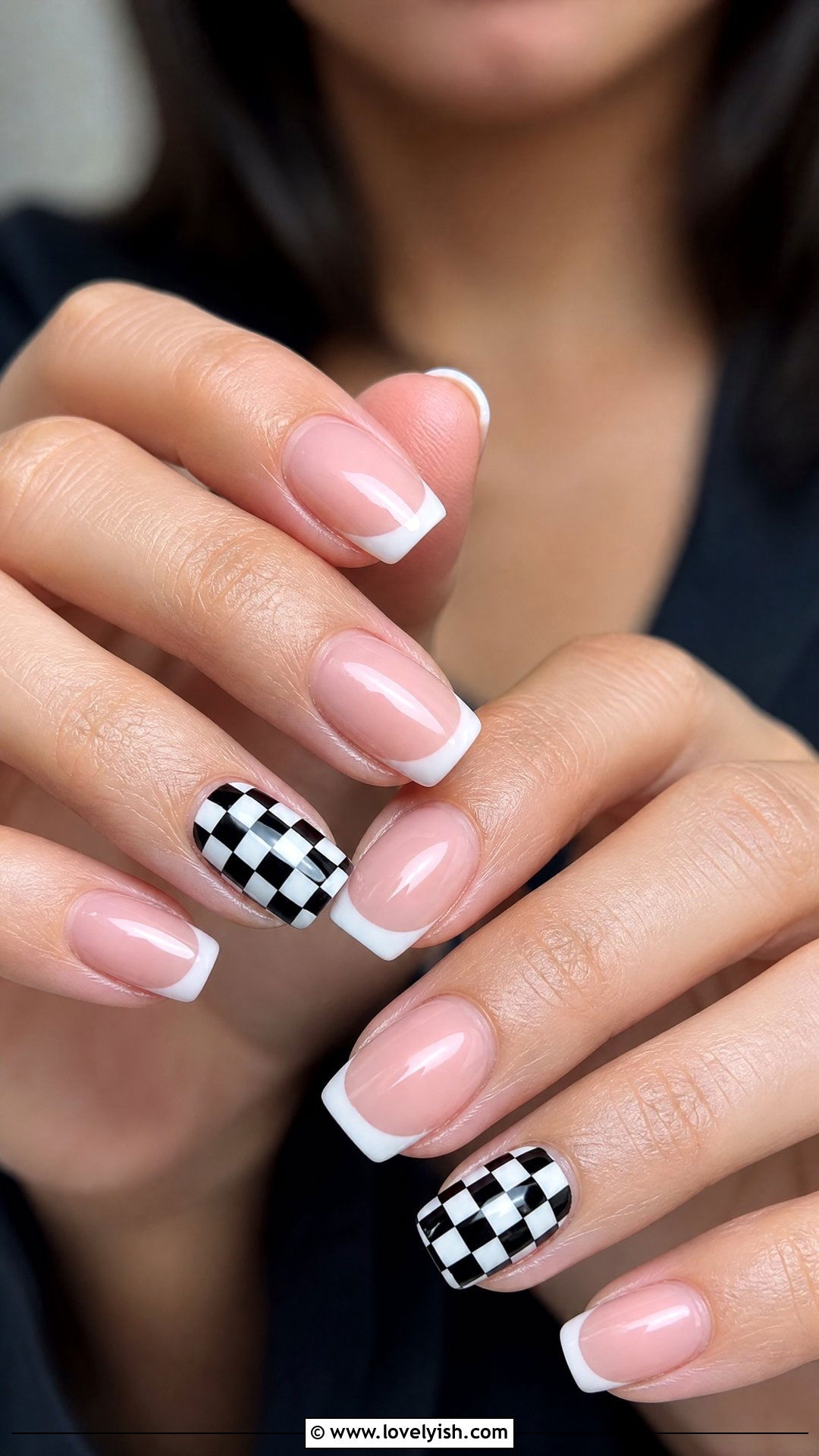 French Manicure with Checkered Accent Nails - 50 checkered nails - 50 checkered nails