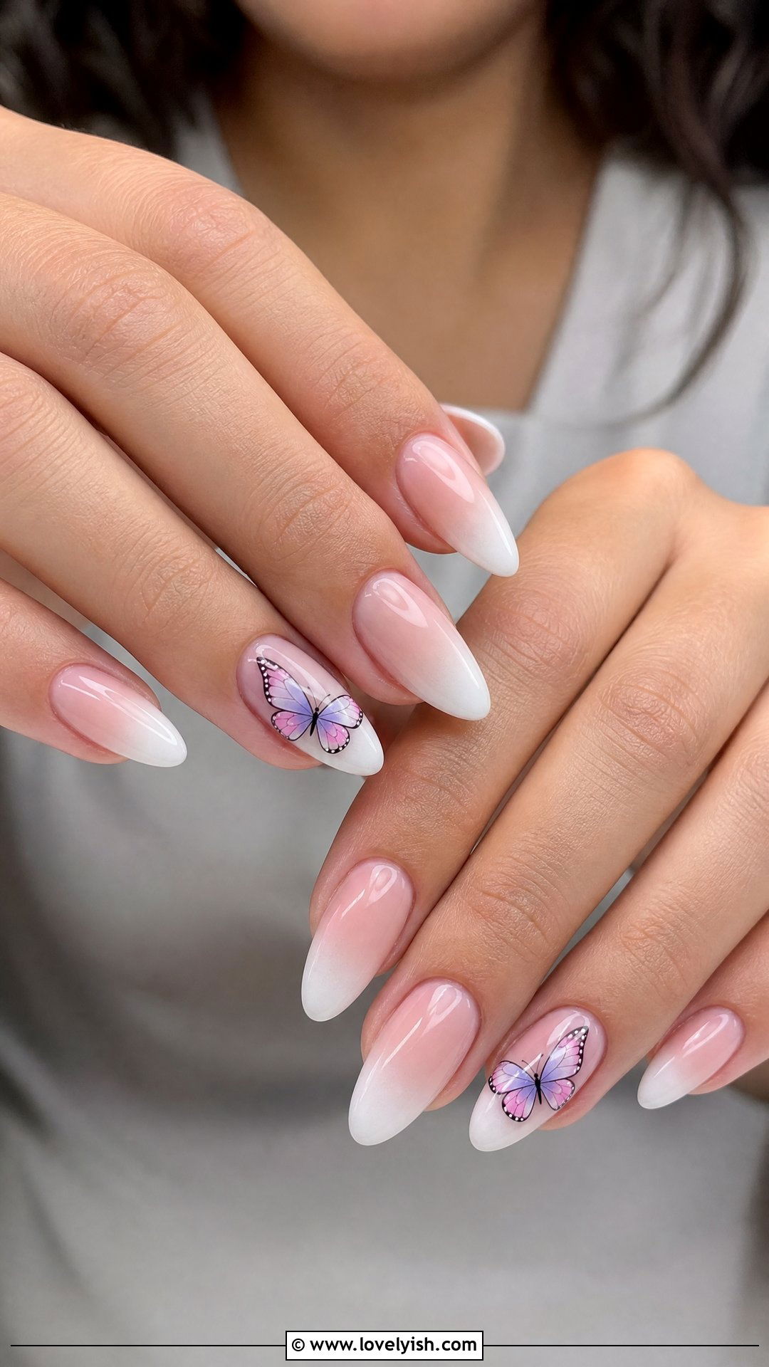 French Ombre with Butterfly Accent - 50 french ombre nails - 50 french ombre nails
