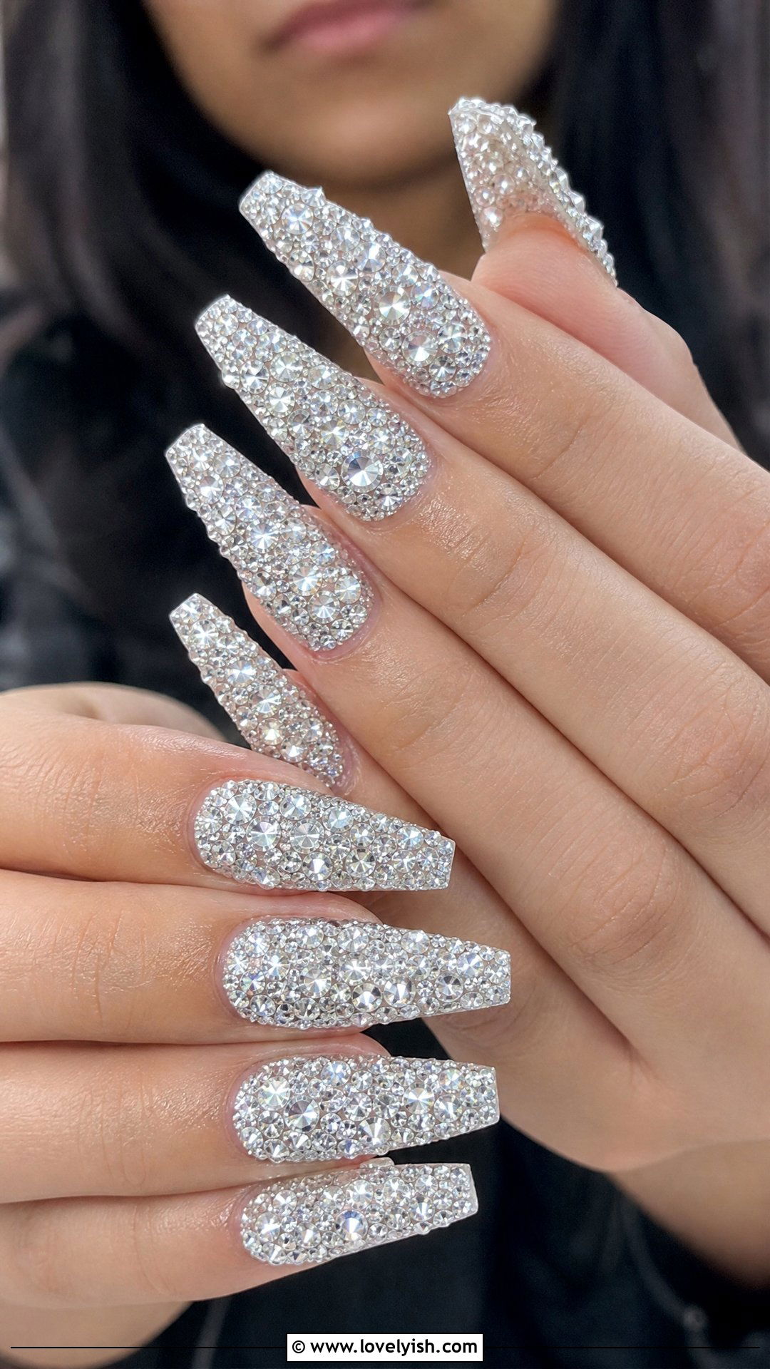 Full Coverage Diamond Coffin Nails - 30 nail designs with diamonds - 30 nail designs with diamonds