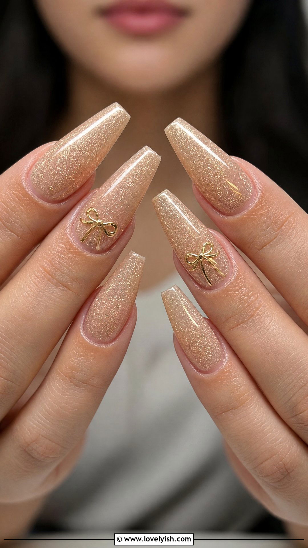 Glitter Bow Nails on Champagne Base - 25 bow nail design ideas - 25 bow nail design ideas