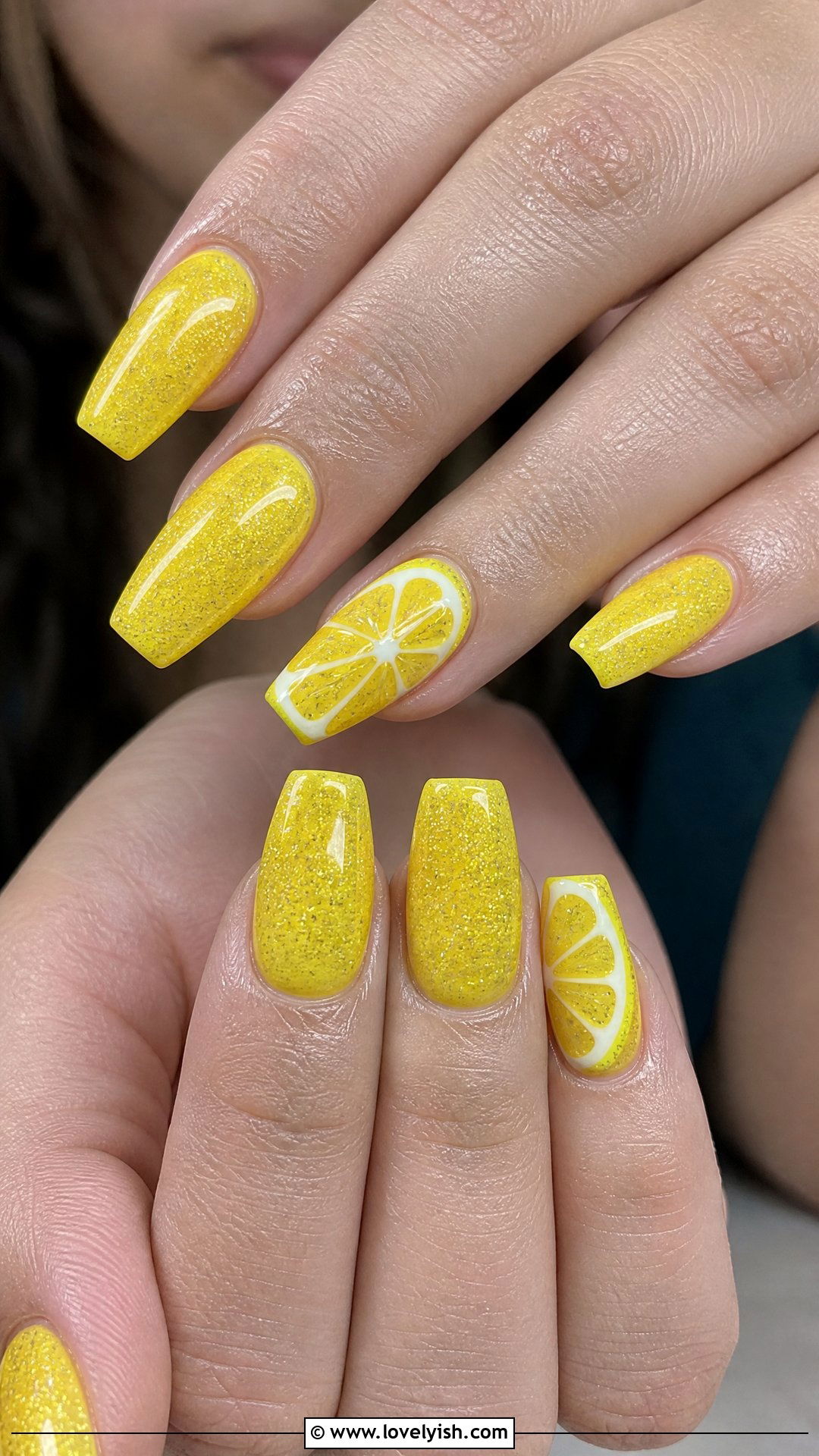 Glitter Lemon Yellow Nails - 50 lemon nail design ideas - 50 lemon nail design ideas