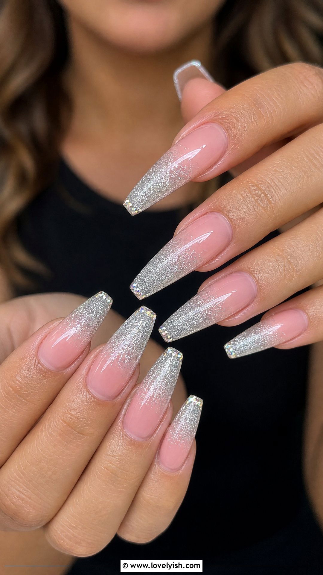 Glitter Ombre Nails With Diamond Tip - 30 nail designs with diamonds - 30 nail designs with diamonds