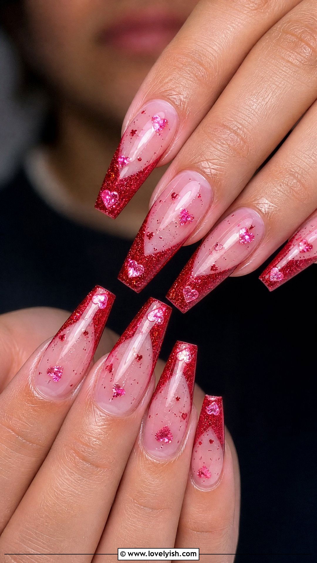 Glittery Red and Pink Heart Tips - 50 red and pink nail designs - 50 red and pink nail designs