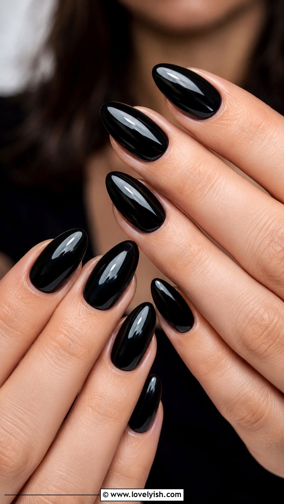 Glossy Black Almond Nails - 31 black nail design ideas - 31 black nail design ideas