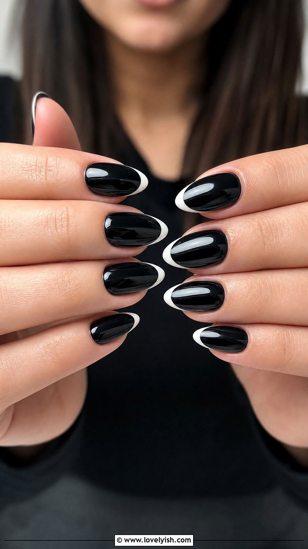 Glossy Black Nails With White French Tips - 50 black and white nail designs - 50 black and white nail designs