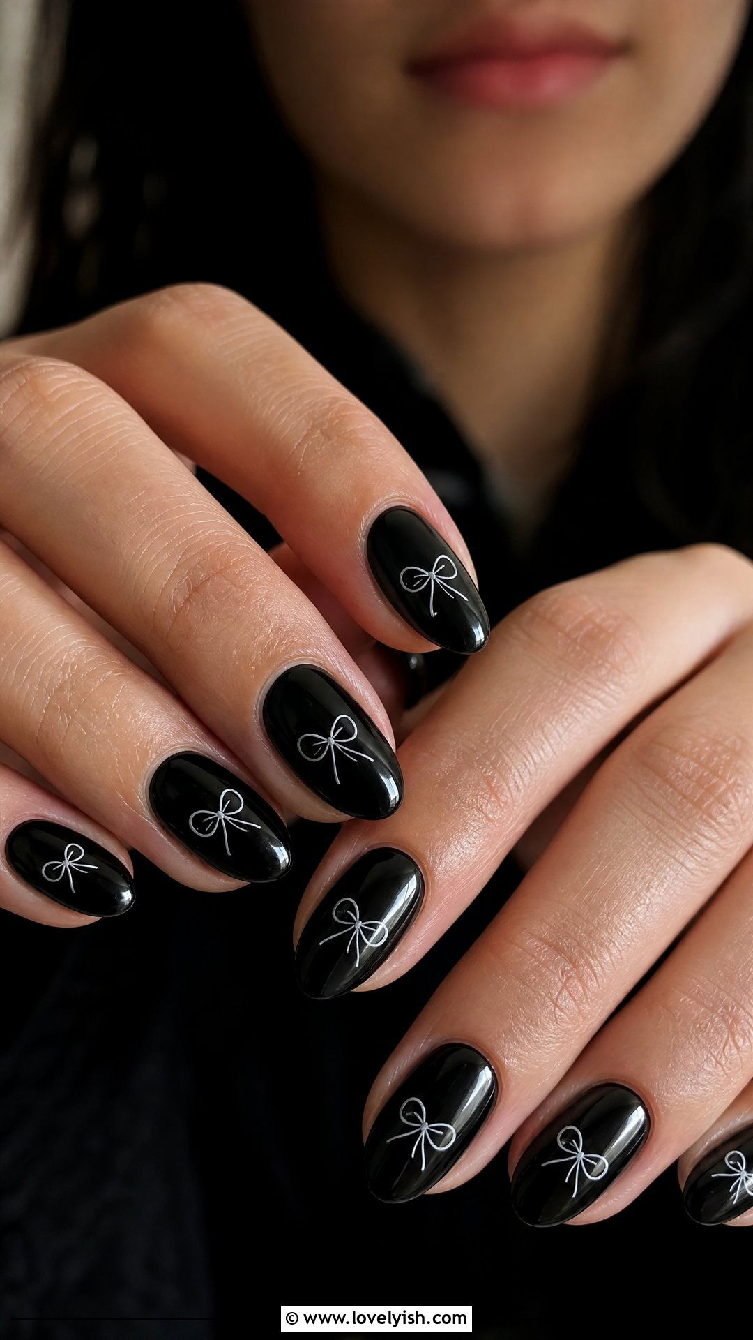 Glossy Black With Tiny Bow Outlines - 50 short black nail designs - 50 short black nail designs