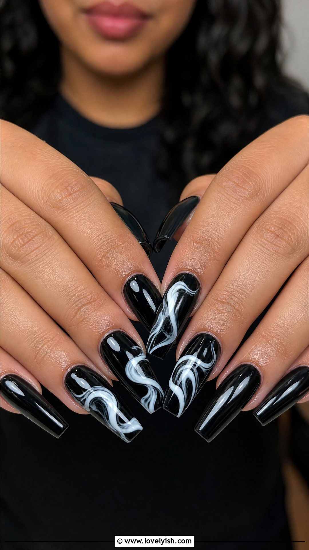 Glossy Black with White Swirl Nails - 25 black and white nail art ideas - 25 black and white nail art ideas