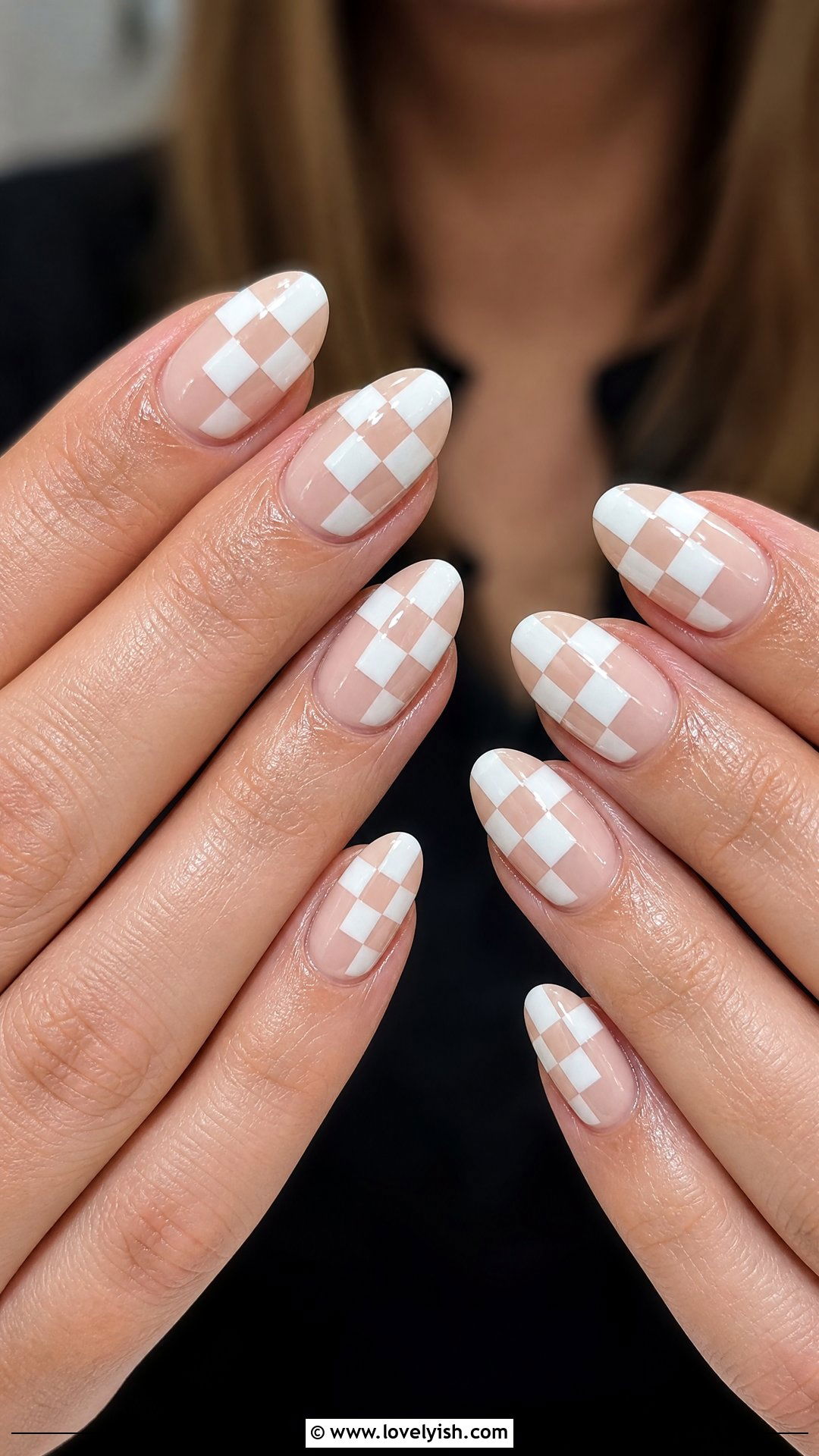 Glossy Nude and White Checkered Nails - 50 checkered nails - 50 checkered nails