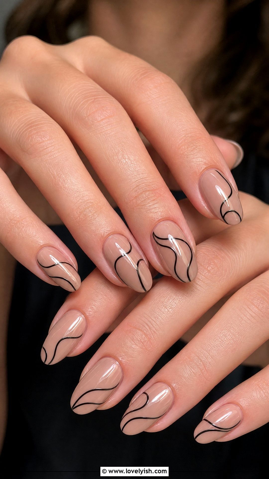 Glossy Nude with Black Line Swirl Nails - 50 swirl nails - 50 swirl nails