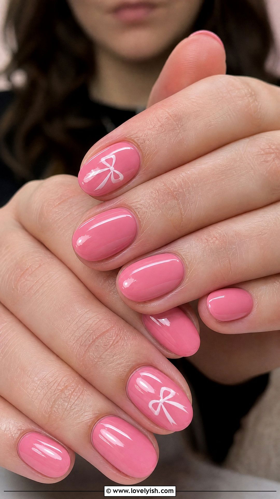 Glossy Pink Nails with Bows - 50 mothers day nail designs - 50 mothers day nail designs