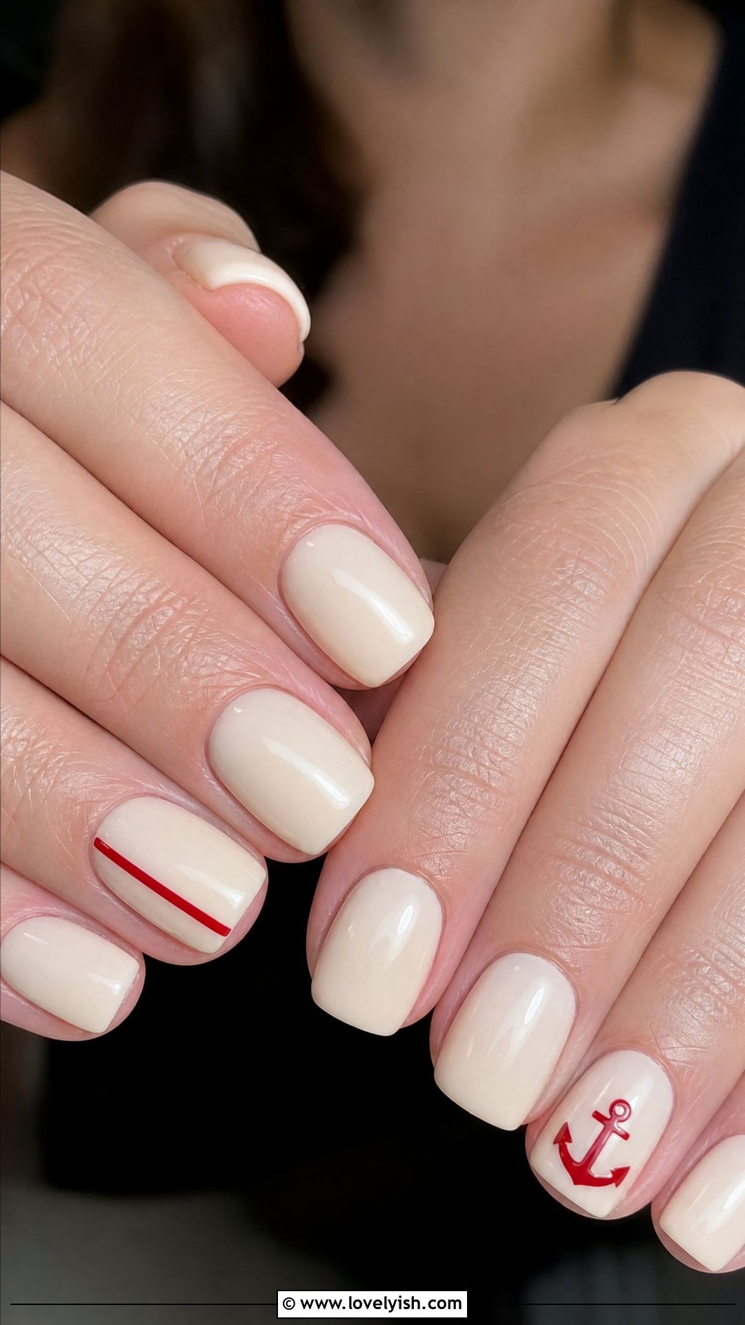 Glossy Red Anchor on Cream Base - 50 anchor nail designs - 50 anchor nail designs
