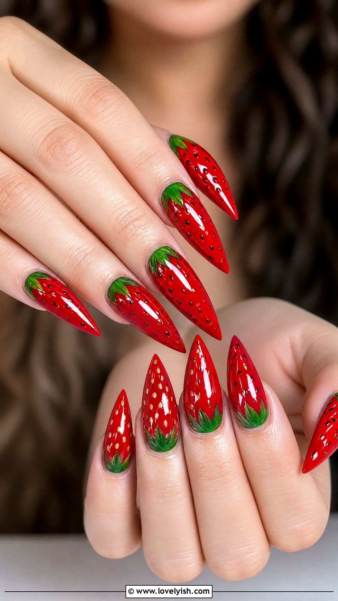 Glossy Red Strawberry Stiletto Nails - 50 strawberry nails - 50 strawberry nails