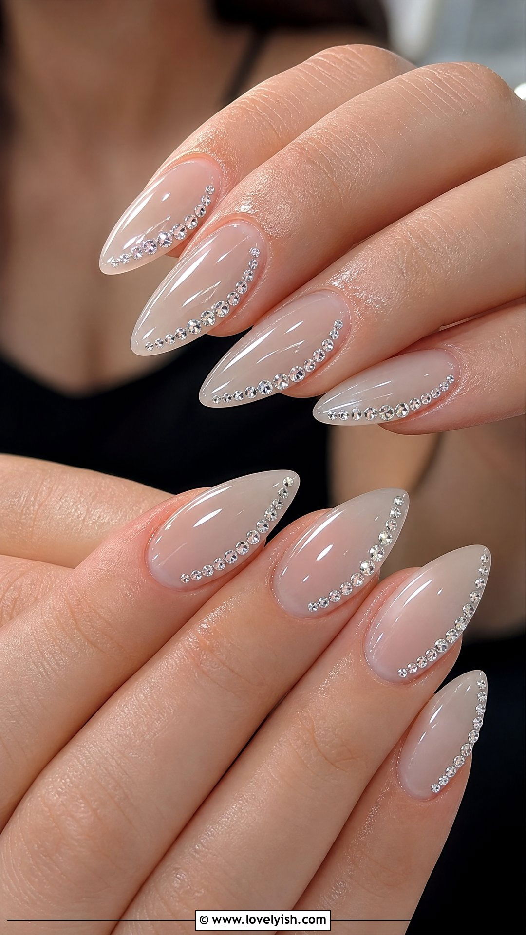 Glossy Sheer Nails With Side Diamond Bling - 30 nail designs with diamonds - 30 nail designs with diamonds