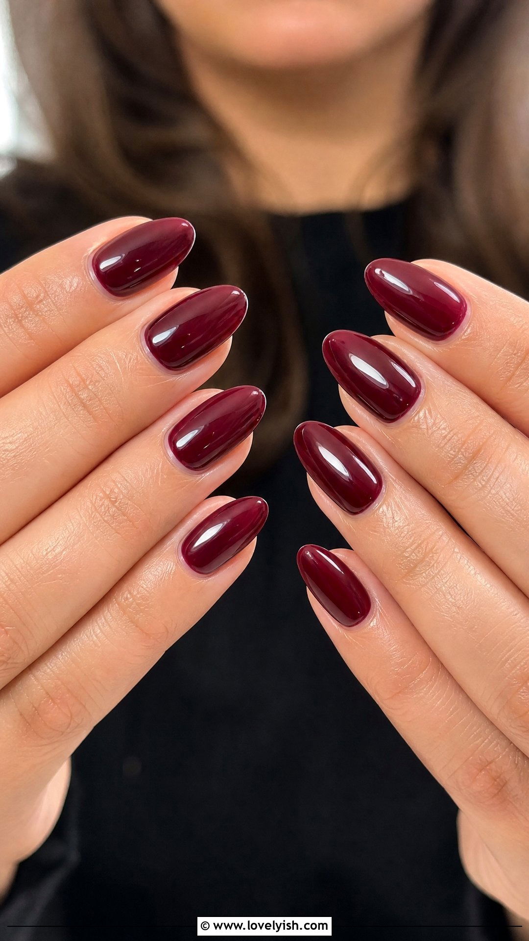 Glossy Solid Burgundy Almond Nails - 25 burgundy nail designs - 25 burgundy nail designs