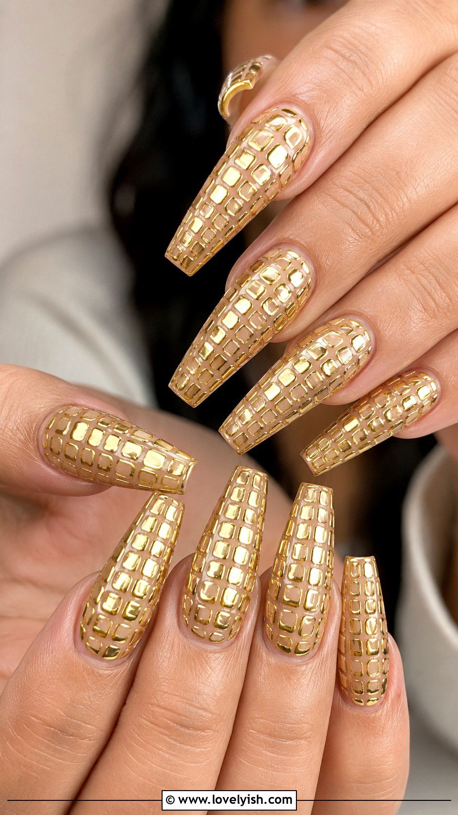 Gold Chrome Croc Print Nails - 50 gold chrome nails - 50 gold chrome nails