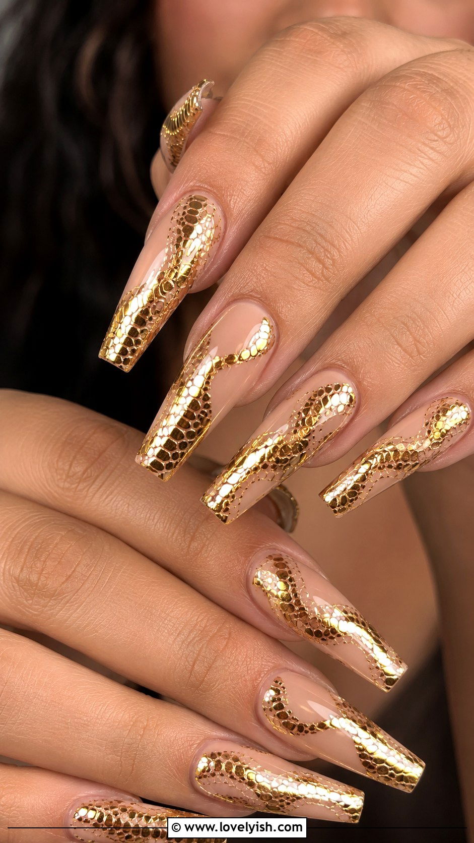 Gold Chrome Snake Print Nails - 50 gold chrome nails - 50 gold chrome nails