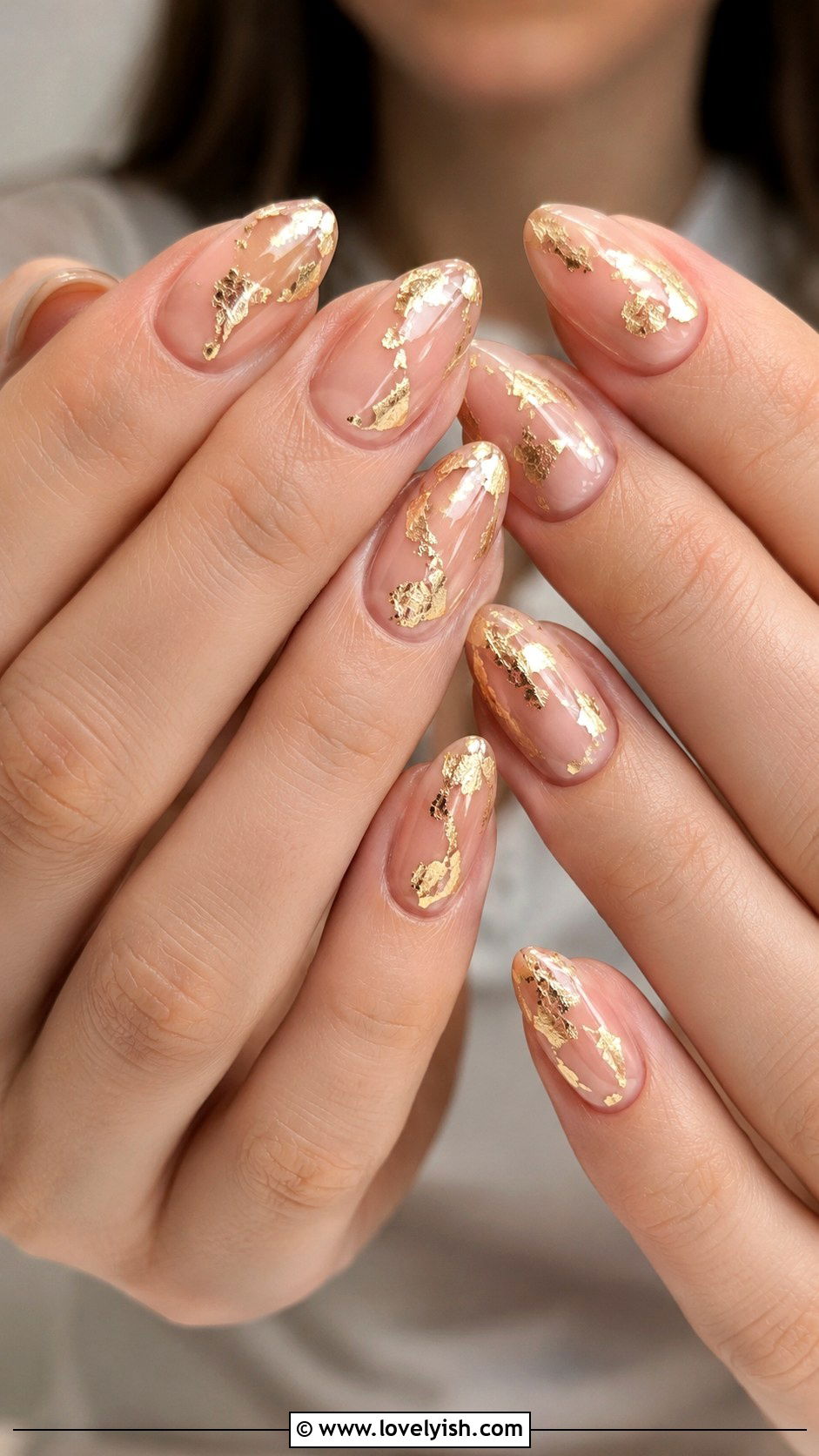 Gold Foil Accent Nails on Nude Base for Bride - 25 wedding nails for bride - 25 wedding nails for bride