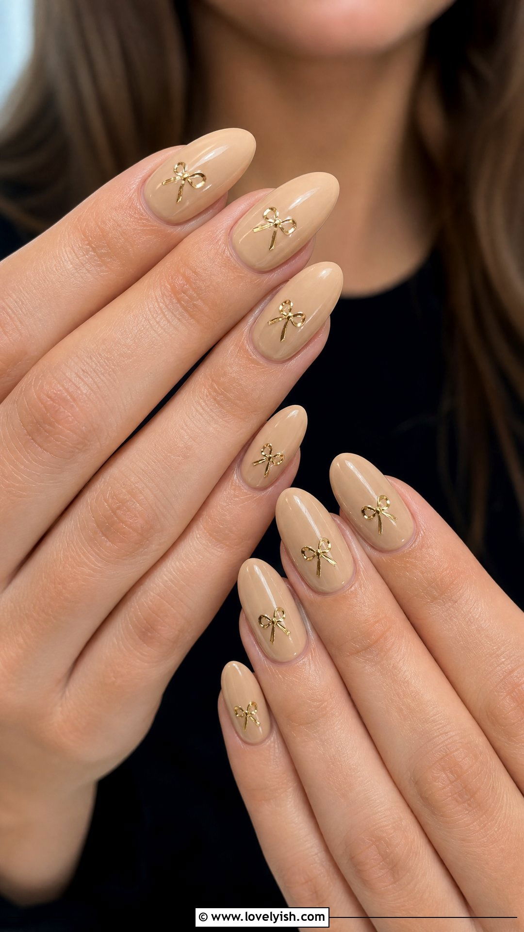 Gold Foil Bow Nails on Beige - 25 bow nail design ideas - 25 bow nail design ideas
