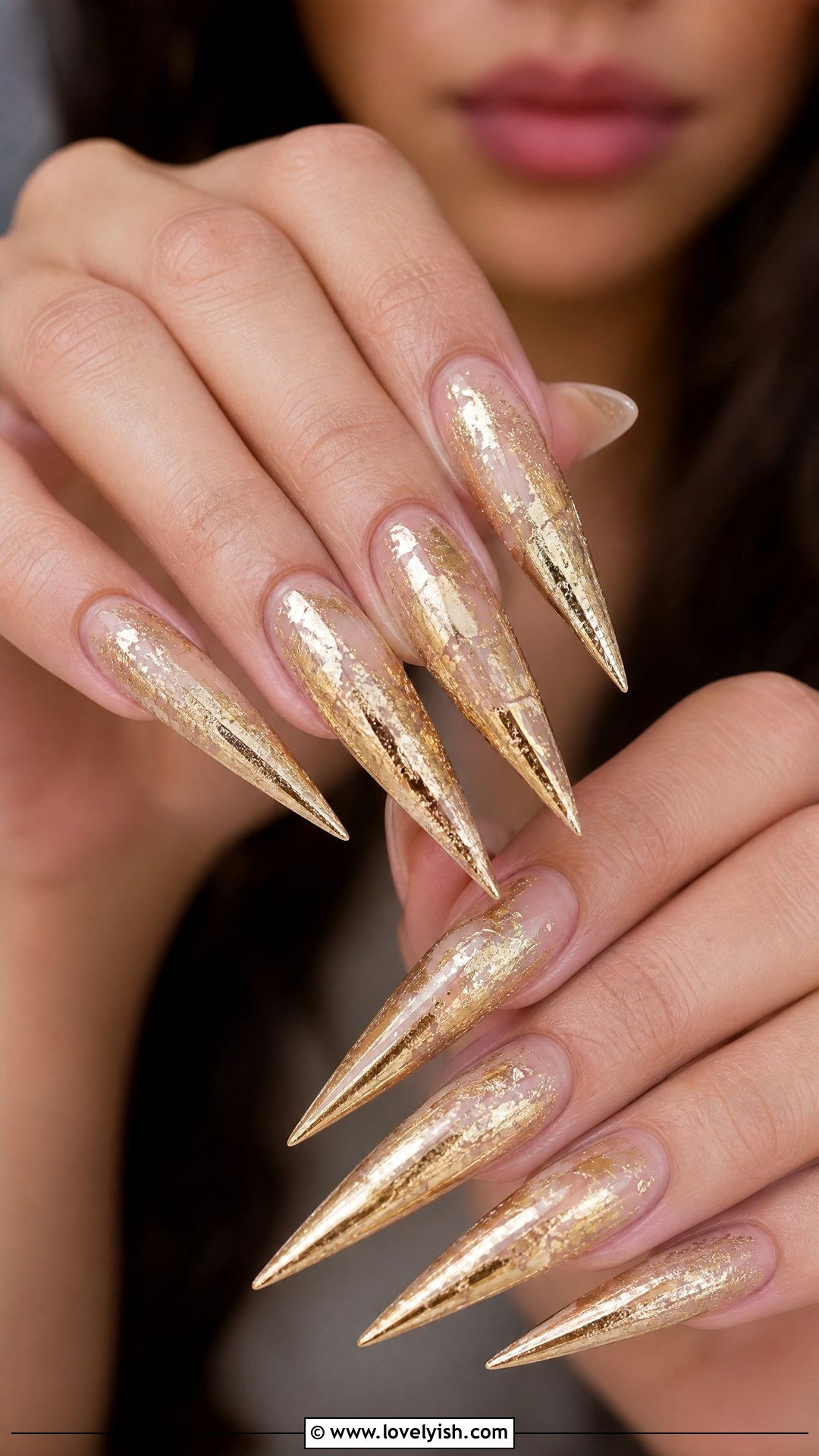 Gold Foil Long Stiletto Nails - 50 long stiletto nails - 50 long stiletto nails